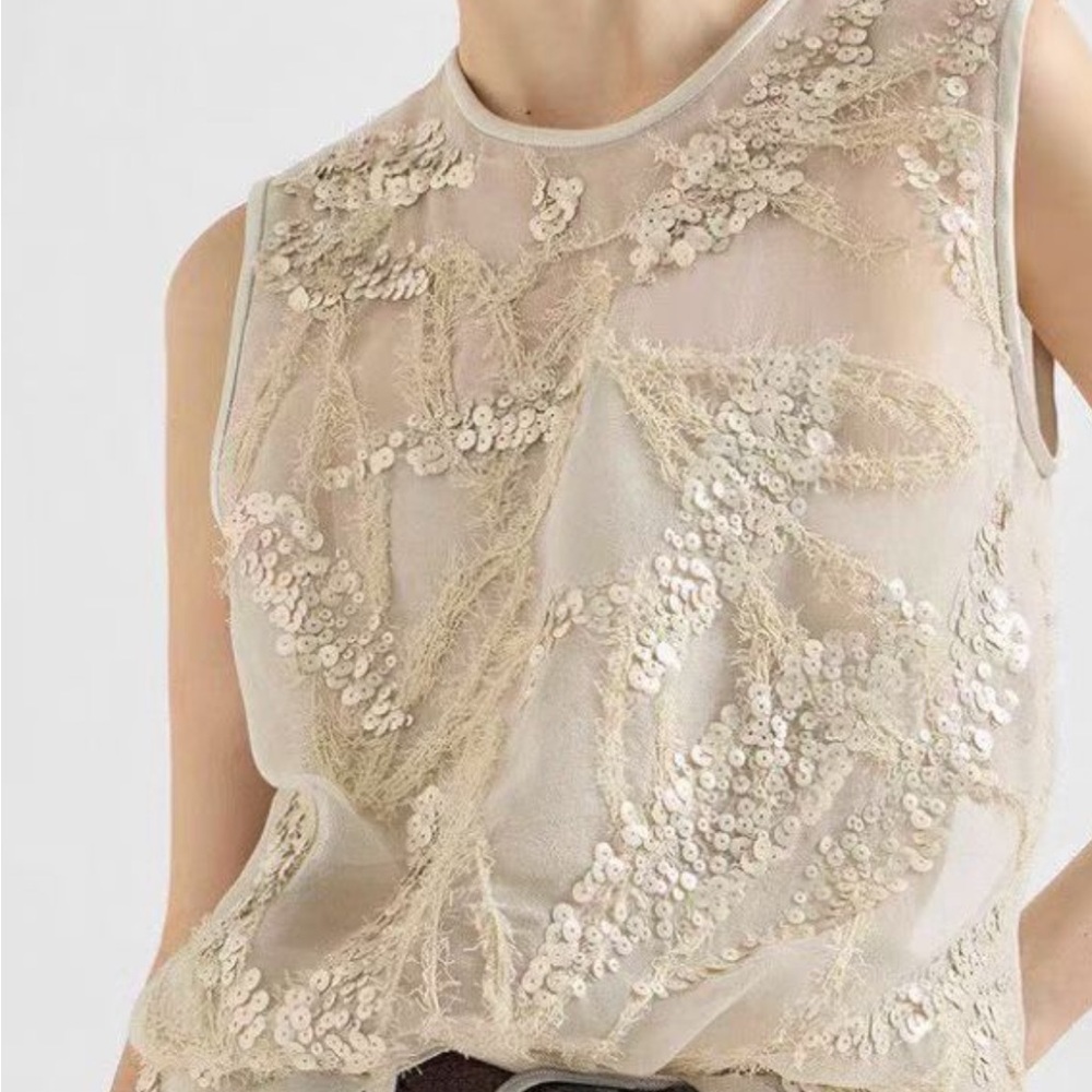 Embellished Sheer Sleeveless Top - Taupe/Gold